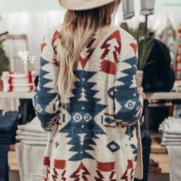 New Native Print Boho Blanket Cardigan Sweater - Picture 2 of 6